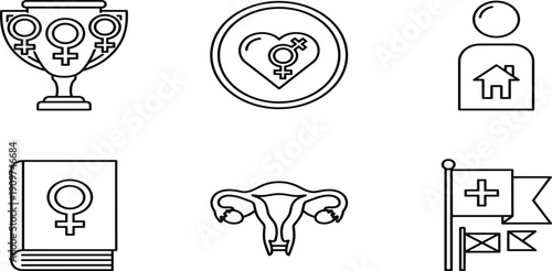 Set of Women Health and Empowerment Icons Featuring Reproductive Organs, Feminism Symbol, Trophy, Heart, Medical Flag and Female Education BookSet of Women 