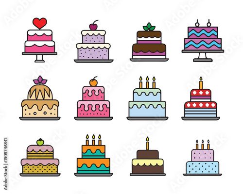 Colorful Birthday Cake Icon Set Cute Cartoon Celebration Cakes Vector Collection