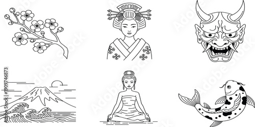 Japanese culture vector set featuring cherry blossom, geisha woman, hannya mask, Mount Fuji with waves, meditating girl, and spotted koi fish. (21 words)Japanese culture vector set 