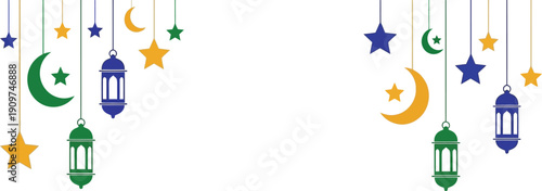 Islamic lanterns and crescent moons hanging from strings with colorful stars