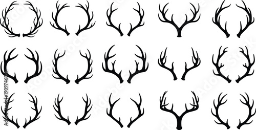 Deer antlers silhouettes collection, stag horn vector set, hunting trophy design elements isolated, wildlife antler illustration bundle pack