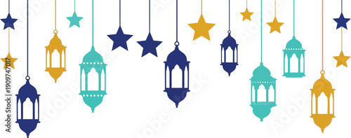 Ramadan Kareem decorations with hanging lanterns and stars in blue and gold colors