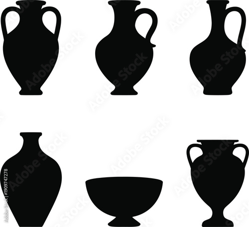 Black silhouettes of ancient greek vases and bowl antique