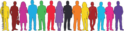 Diverse, colorful, silhouette, people, inclusion, unity, abstract, community, equality, vibrant, standing, line, graphic, representation, symbolic, male, female, diversity, illustration, human