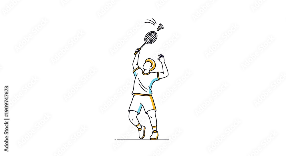 Fototapeta premium Dynamic illustration of an athlete performing a powerful badminton serve with a whisking motion, showcasing agility and sport