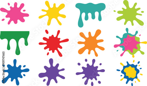 Colorful paint splashes set, abstract liquid ink blot shapes, playful dripping splatter elements isolated on white background for creative design