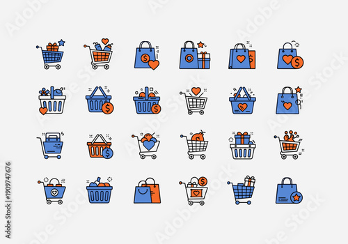 Colorful flat icons depict shopping carts and baskets with hearts, gifts, and coins on white background.
