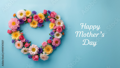 A heart-shaped floral arrangement with colorful flowers and a Happy Mother's Day message on a blue background