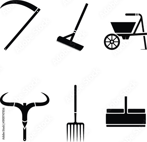 Black farm tools and animal head silhouettes scythe
