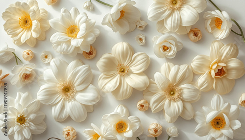 A beautiful arrangement of white flowers with yellow centers on a clean white background