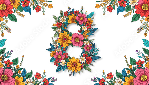 A colorful floral design featuring the number eight made of flowers and leaves on a white background