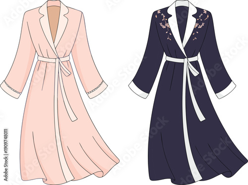 Elegant fashion robes, floral embroidery, belt detail, flat vector illustration, CAD drawing, garment design, stylish outfit, clothing template, apparel sketch