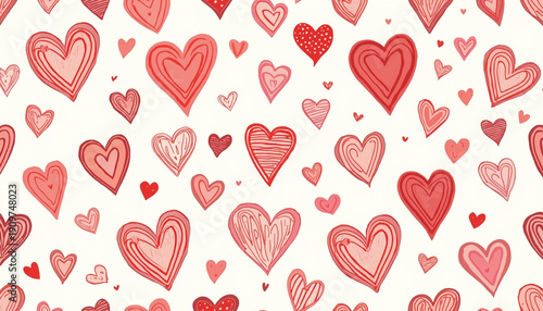 A colorful illustration of various red and pink hearts on a white background for Valentine's Day