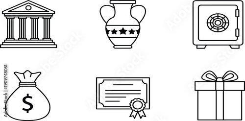 Banking and finance icon set featuring a bank building, ancient Greek vase, secure vault safe, money bag, certificate, and gift box, for investment and wealth.Banking and finance 