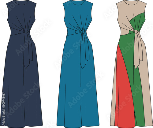 Elegant sleeveless dresses, navy, teal, multicolor, knot waist detail, draped flowy skirts, fashion design, garment flat vector, CAD drawing, illustration