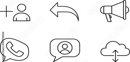 Business and digital communication icon set featuring add user, reply arrow, megaphone, cloud upload, telephone chat bubble, and profile message symbols, for 