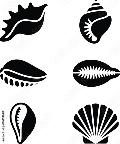 Black and white seashell silhouettes icons set eps-10