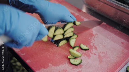 Hands slicing cucumber on a red cutting board. 