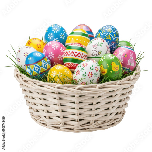 A wicker basket filled with colorful easter eggs isolated on transparent background
