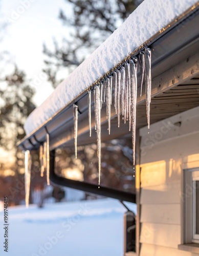 Icicles hanging from a snowy roof gutter, sunlight glinting in the background