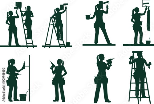 Female painter silhouette set, women painting wall vector collection, decorator worker clipart, home renovation illustration isolated design bundle