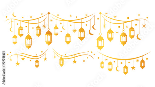 Elegant golden lanterns and crescent moons with decorative string lights