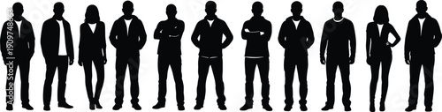 People standing silhouette set, group of men and women figures, casual young adults posing, diverse people collection isolated on white.