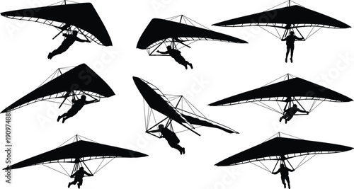Hang gliding silhouettes collection, extreme air sport flying poses set, adventure aviation vector illustration isolated on white background