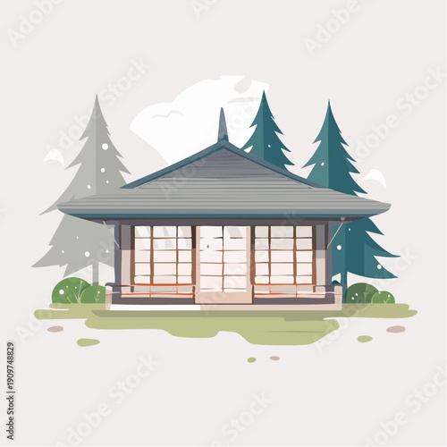 Peaceful Japanese traditional house in a serene forest setting