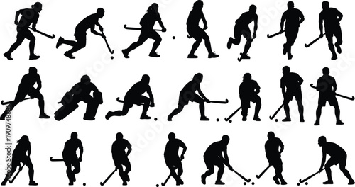 Field hockey player silhouettes collection, stick handling dribbling action poses set, sports team game vector illustration isolated
