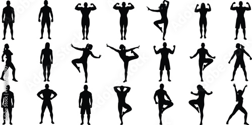 Human body silhouette poses set, fitness yoga workout collection, male female figure vector, exercise training illustration bundle isolated