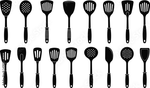 Kitchen spatula silhouettes collection, cooking utensil vector set, slotted turner tools isolated, kitchenware illustration bundle for culinary design
