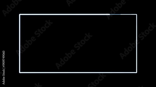 White neon light frame with seamless loop effect, glowing neon white rectangle border animation on black screen.