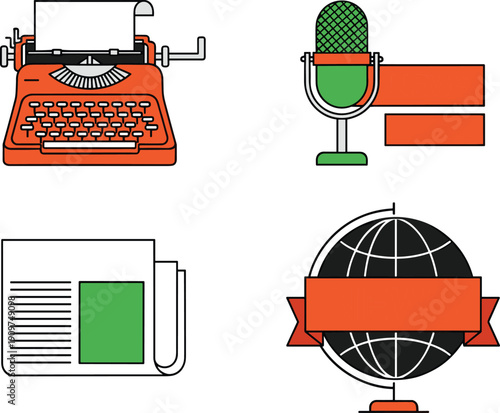 Journalism icons, typewriter, microphone, newspaper, globe news, media tools, press symbols, broadcast gear, writing equipment, global communication