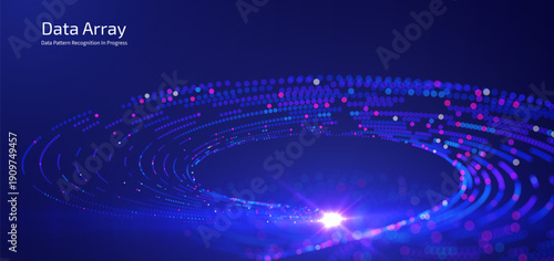 Futuristic data array visualization with flowing particle waves and digital interface representing big data analysis, pattern recognition, artificial intelligence, machine learning vector background
