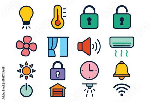 Collection of icons representing various household and smart home functionalities