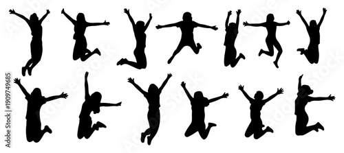 Vector Silhouette Set of Happy People Jumping and Leaping in Celebration, Diverse Crowd of Figures Expressing Joy and Success, Energetic Group Icons Isolated on White Background