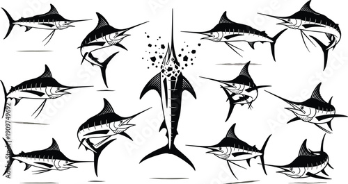 Marlin fish silhouettes collection, swordfish jumping action vector set, big game fishing illustration isolated on white background