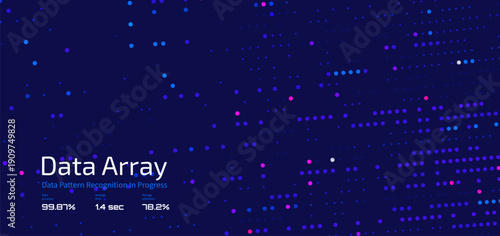 Futuristic data array visualization with flowing particle waves and digital interface representing big data analysis, pattern recognition, artificial intelligence, machine learning vector background
