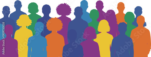 Silhouette, diversity, inclusion, colorful, people, group, unity, community, vibrant, posture, hairstyle, equality, representation, standing, abstract, multicultural, individuality, teamwork, social,
