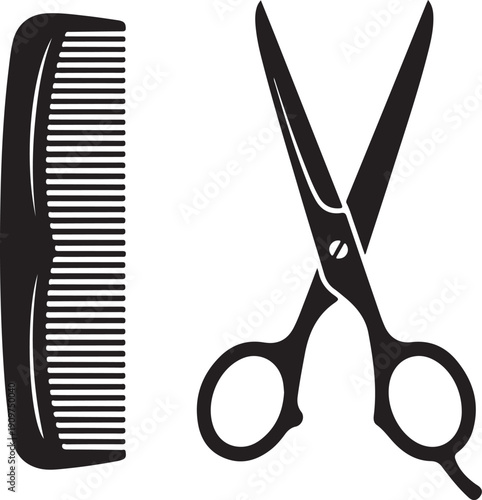 Black and white of comb and scissors hairdressing tools hair care