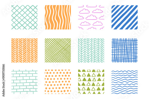 Set of twelve hand drawn geometric and abstract patterns in vibrant colors including stripes waves clouds and textures for graphic design