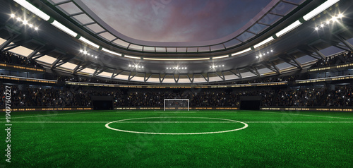 Bild auf Leinwand Football and soccer field at a sports stadium with shining spotlights and fans ready for the upcoming grand sporting event