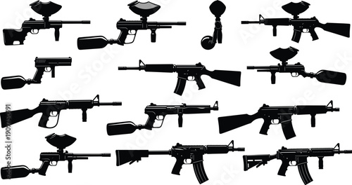 Paintball gun silhouettes collection, tactical sport marker equipment set, extreme game weapon vector illustration isolated on white background