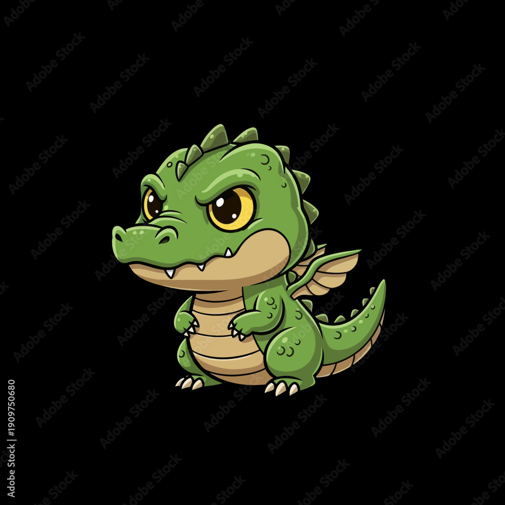 Fototapeta premium Cute Green Baby Dragon with Big Yellow Eyes and Small Wings.