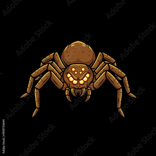 Brown Spider with Glowing Eyes on a Dark Background.