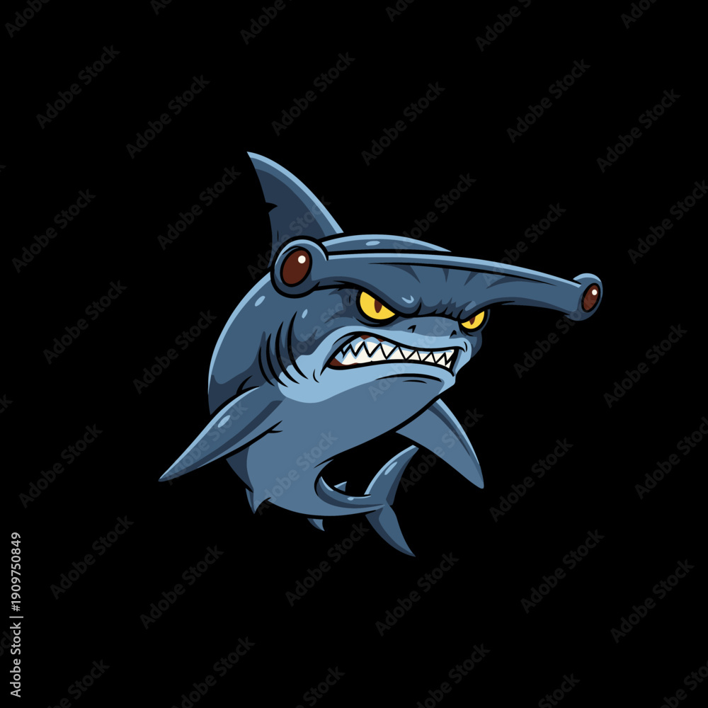 Fototapeta premium Fierce Hammerhead Shark Cartoon Character with Angry Expression.
