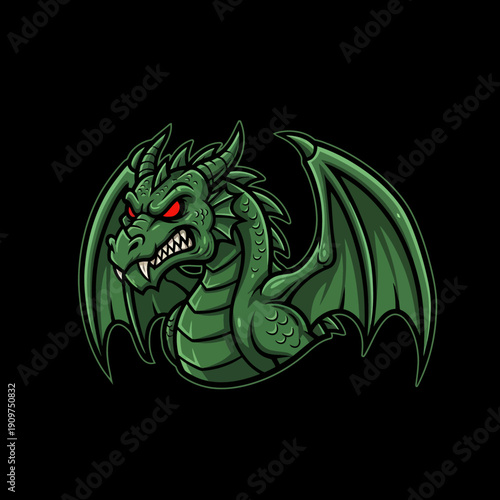 Fierce Green Dragon with Red Eyes and Spiked Wings.