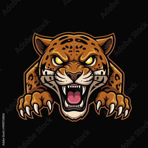 Fierce Jaguar Head Roaring with Intense Yellow Eyes and Sharp Claws.