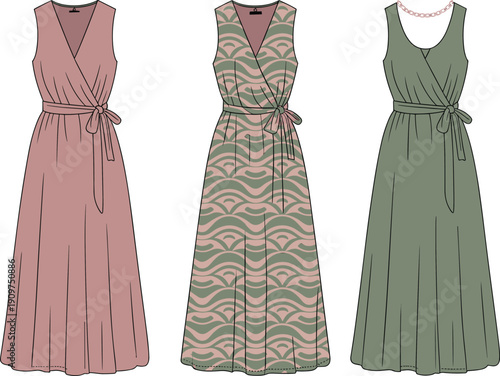 Sleeveless dresses, wrap bodice, waist tie, V-neckline, scoop neck, geometric pattern, solid color, fashion sketch, CAD drawing, vector illustration